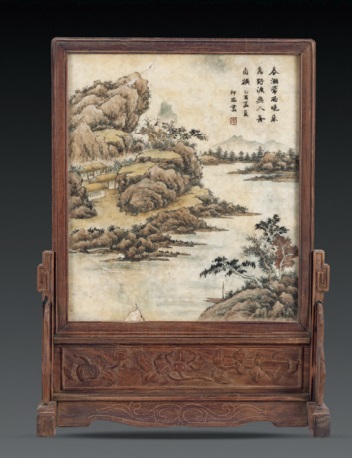 黃花梨嵌云石屏風
